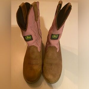 John Deere Girls Cowboy Boots Pink Beige Leather Western Toddler Girls Size 8